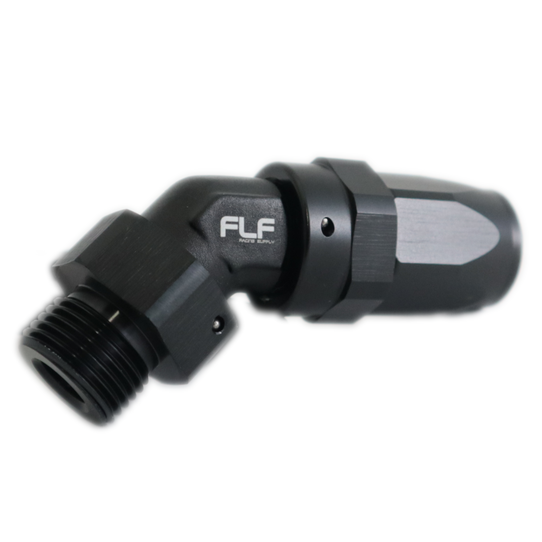 Raceworks 8AN 45-Degree Swivel Hose End – 100 Series Cutter, Black (RWF-102-08BK)